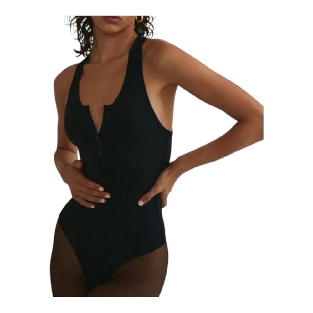 Clyque The Label Bethany Bodysuit Button Front Tank Black XS NWT